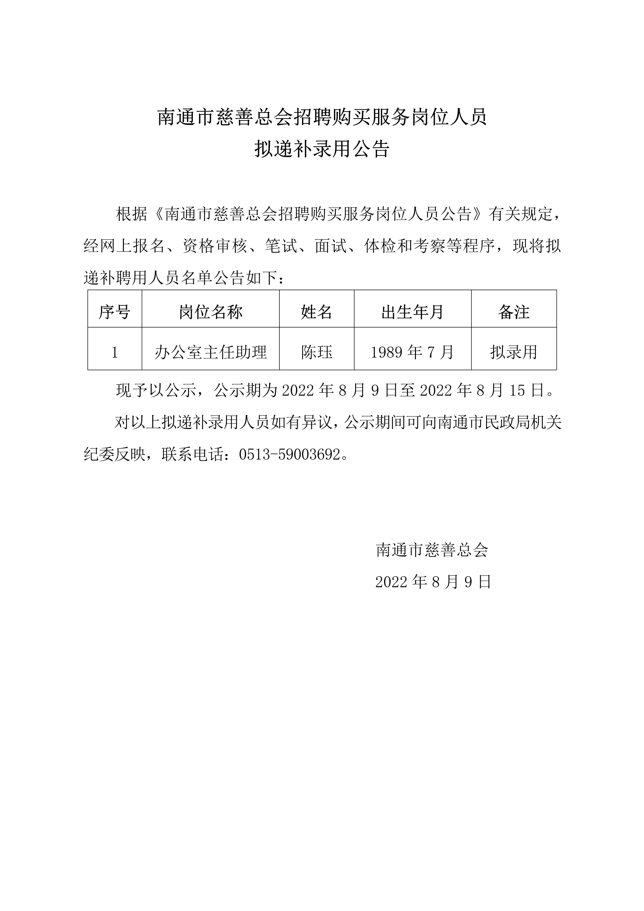 南通市慈善总会招聘购买服务岗位人员拟递补录用公告